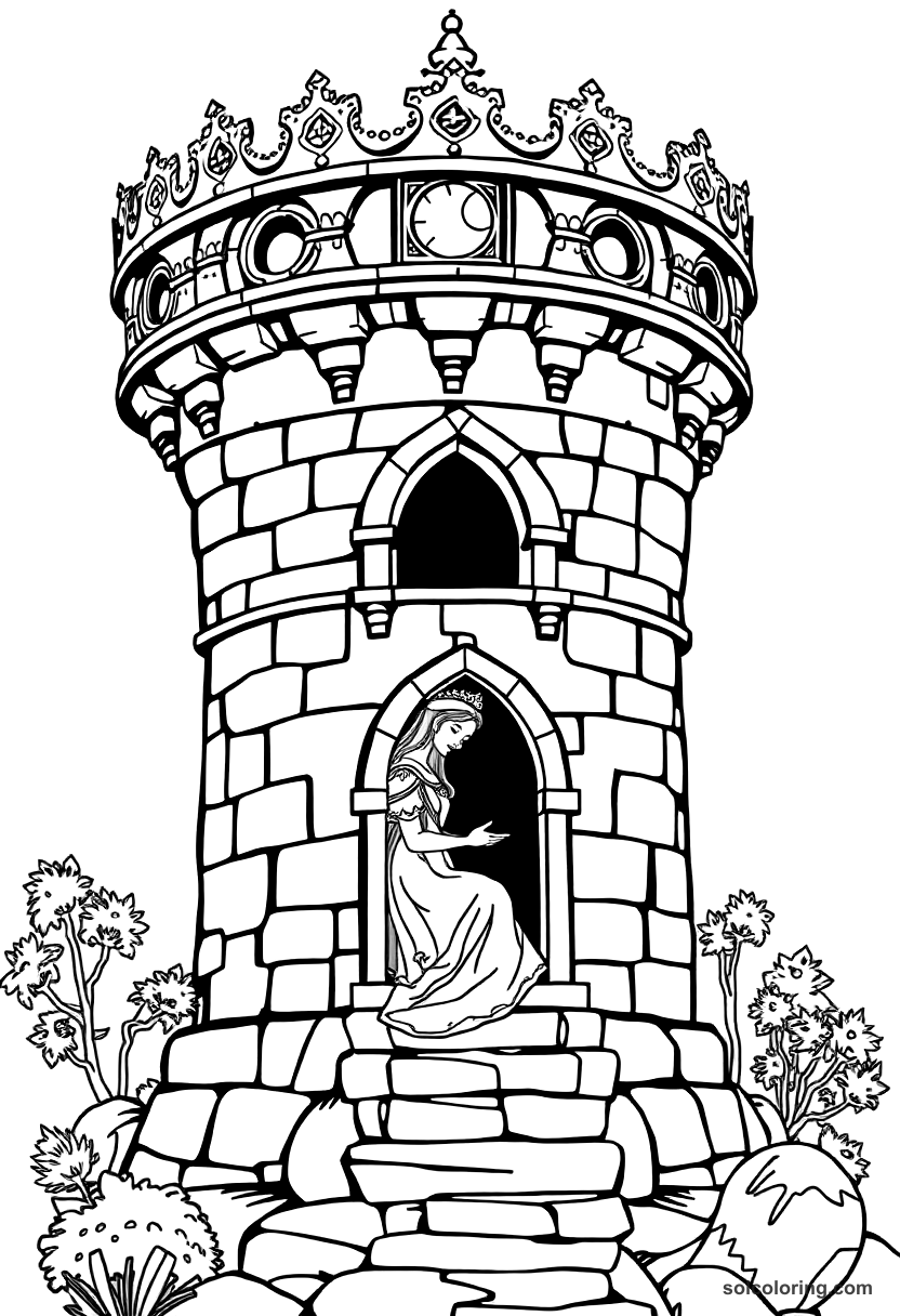Princess Budur asleep in her own tower coloring page, free printable detailed style
