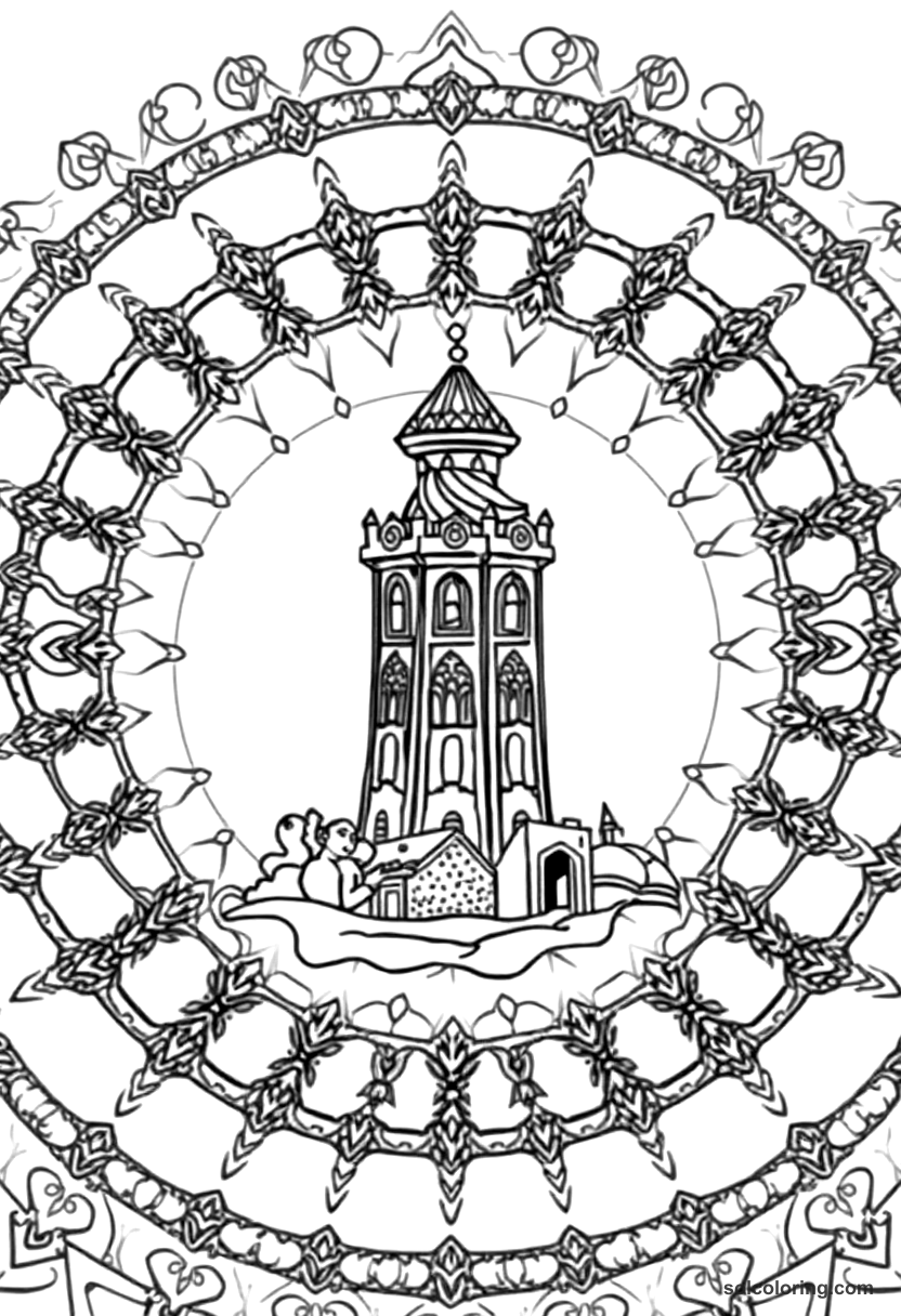 Mandala Princess Budur asleep in her own tower coloring page, free printable mandala style