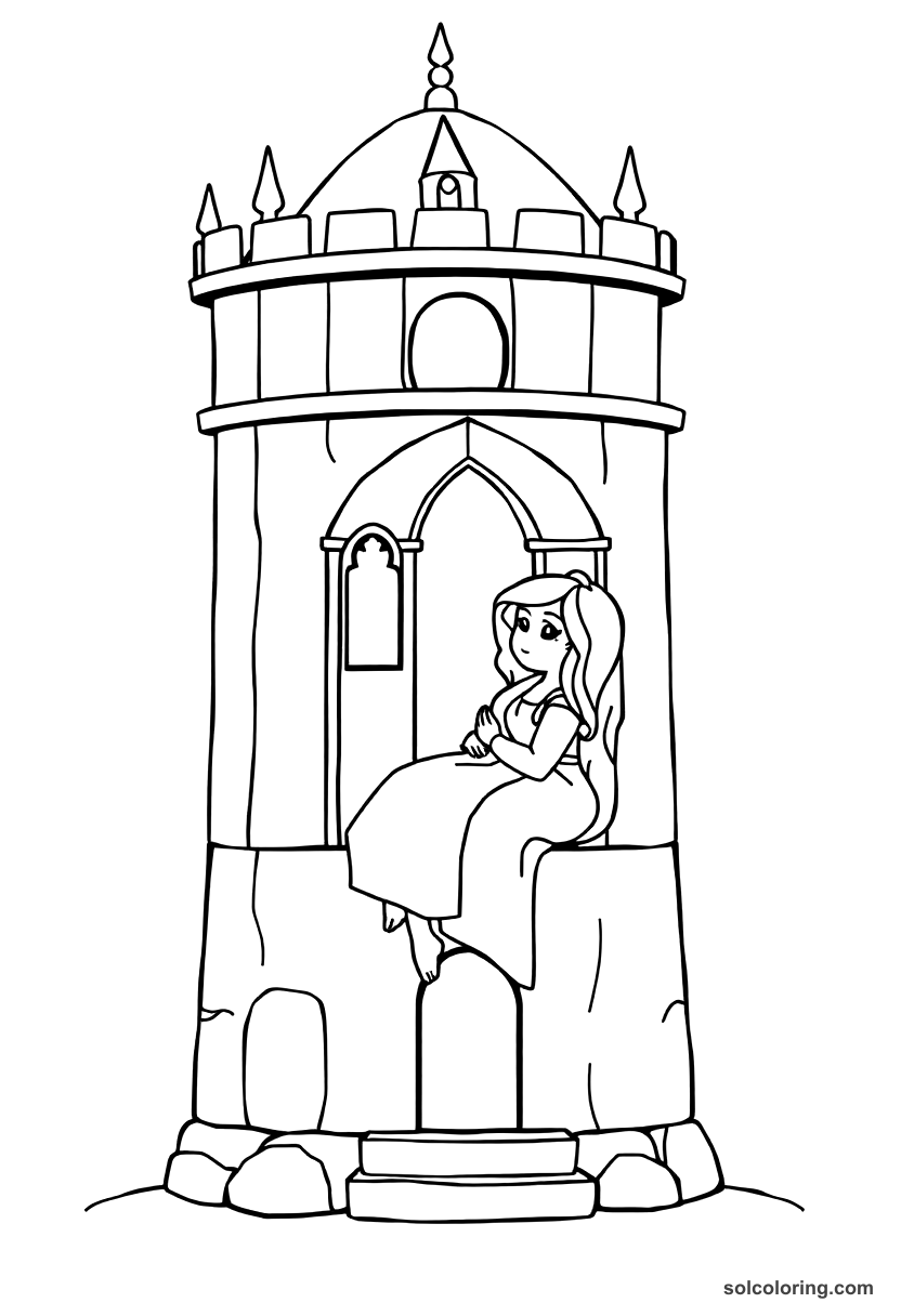 Simple Princess Budur asleep in her own tower coloring page, free printable simple style