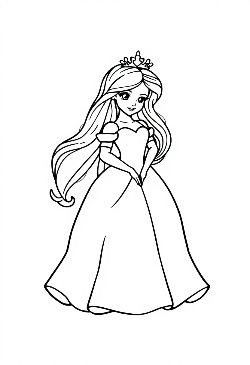 Simple princess coloring page showing a smiling princess in a long dress with tiara and bold black outlines for easy coloring