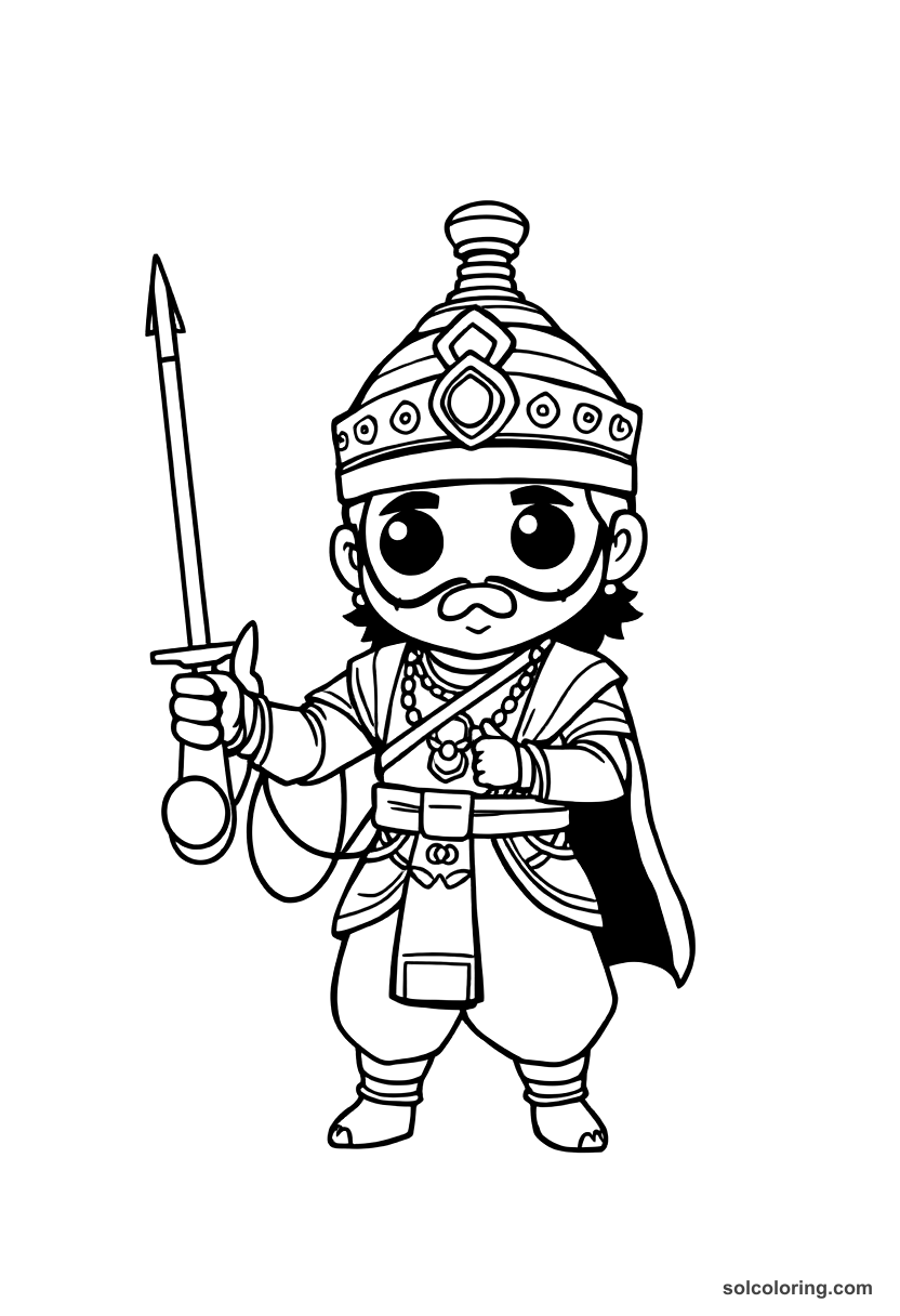 Chibi Prithviraj Chauhan at the First Battle of Tarain coloring page, free printable chibi style