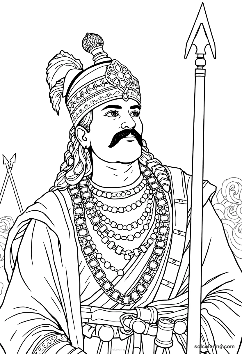 Prithviraj Chauhan at the First Battle of Tarain detailed coloring page for kids