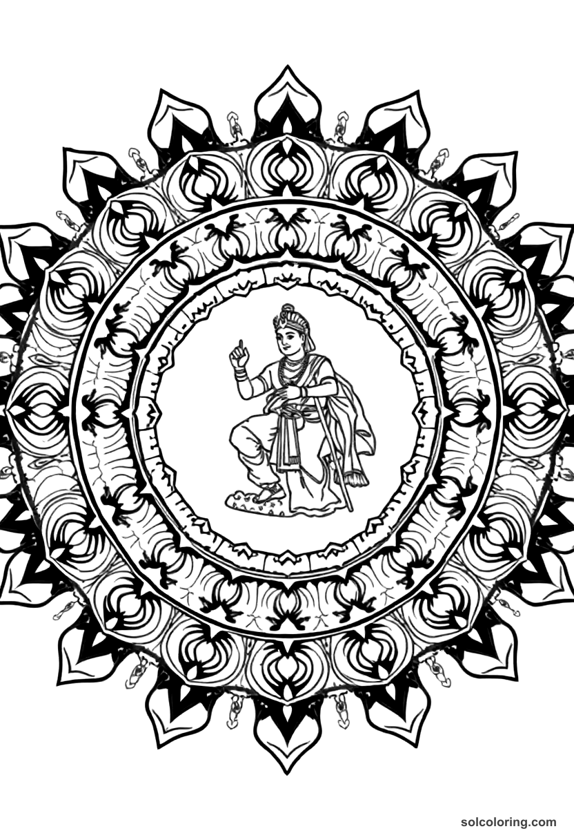 Mandala Prithviraj Chauhan at the First Battle of Tarain coloring page, free printable mandala style