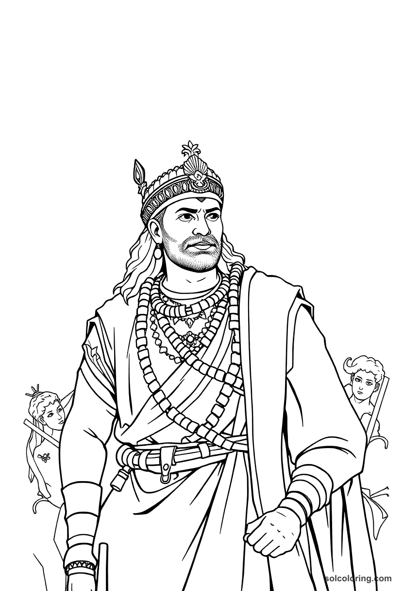 Prithviraj Chauhan at the First Battle of Tarain coloring page, free printable realistic style