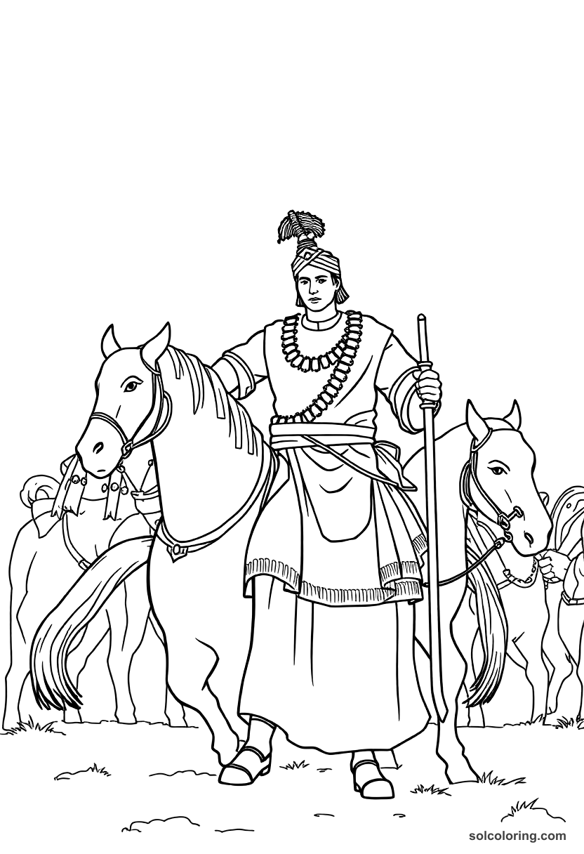Simple Prithviraj Chauhan at the First Battle of Tarain coloring page, free printable simple style