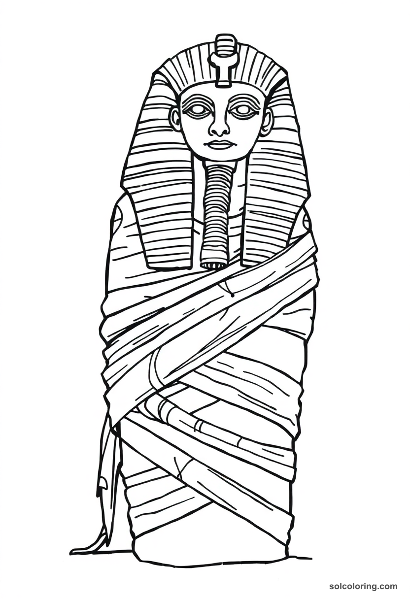 Ptah wrapped in mummy linen coloring page showing Egyptian god with bandages and ceremonial staff, bold outlines
