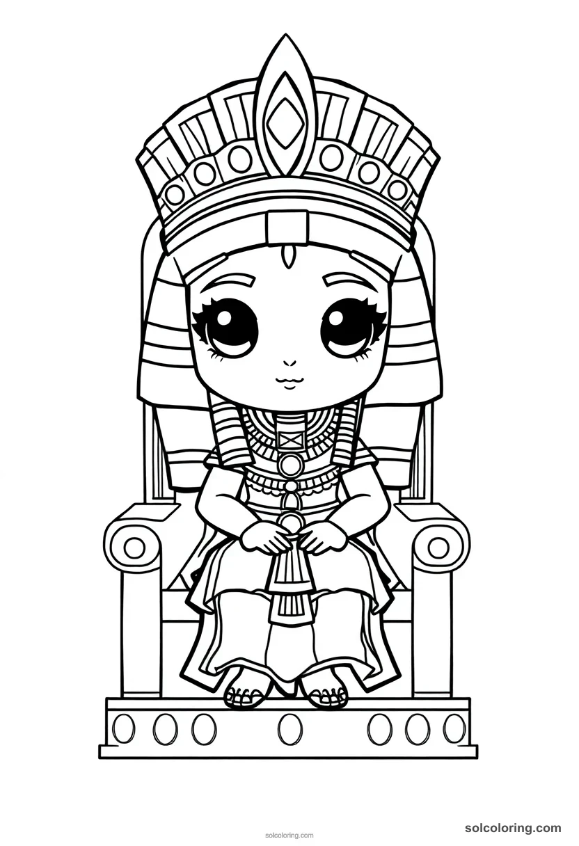 Chibi Queen Cleopatra VII on Her Throne chibi coloring page for kids
