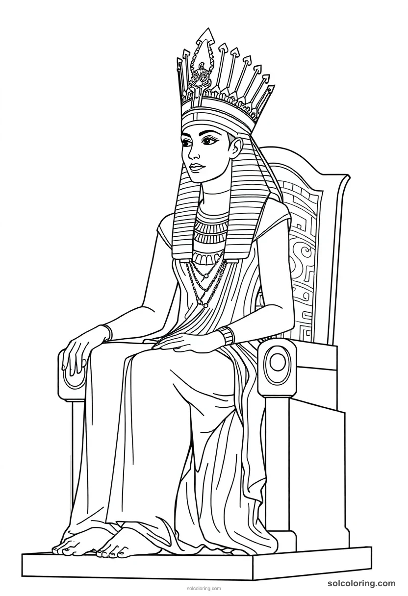 Queen Cleopatra VII on Her Throne detailed coloring page for kids