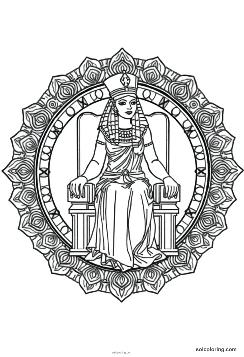 Mandala Queen Cleopatra VII on Her Throne mandala coloring page for kids