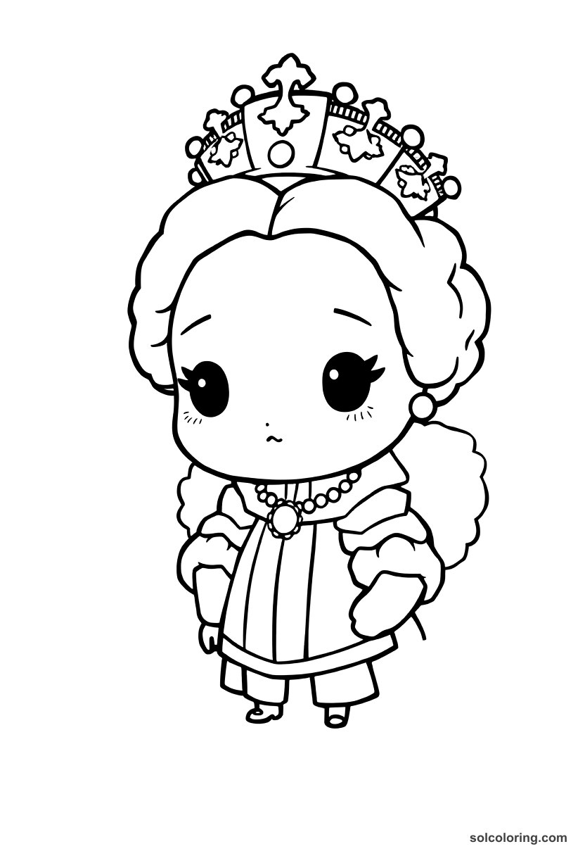 Chibi Queen Elizabeth I of England in Armada Portrait Pose coloring page, free printable chibi style for kids and adults