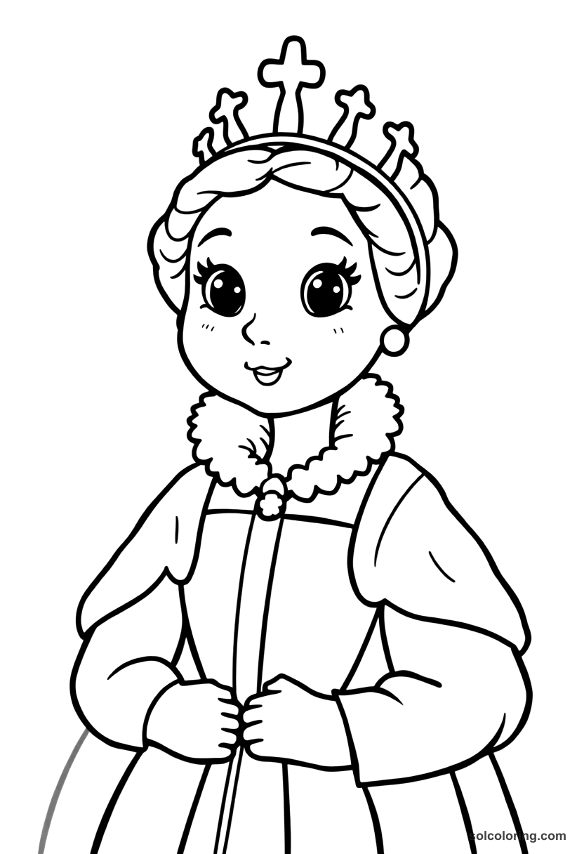 Cute Cartoon Queen Elizabeth I of England in Armada Portrait Pose coloring page, free printable cute cartoon style