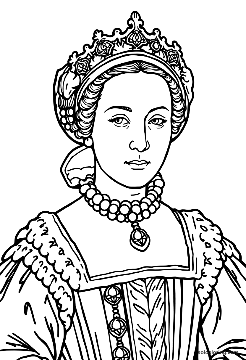 Queen Elizabeth I of England in Armada Portrait Pose coloring page, free printable detailed style