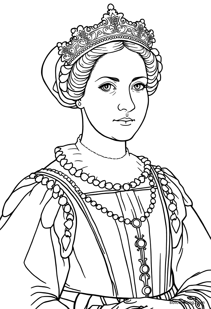 Queen Elizabeth I of England in Armada Portrait Pose coloring page, free printable realistic style