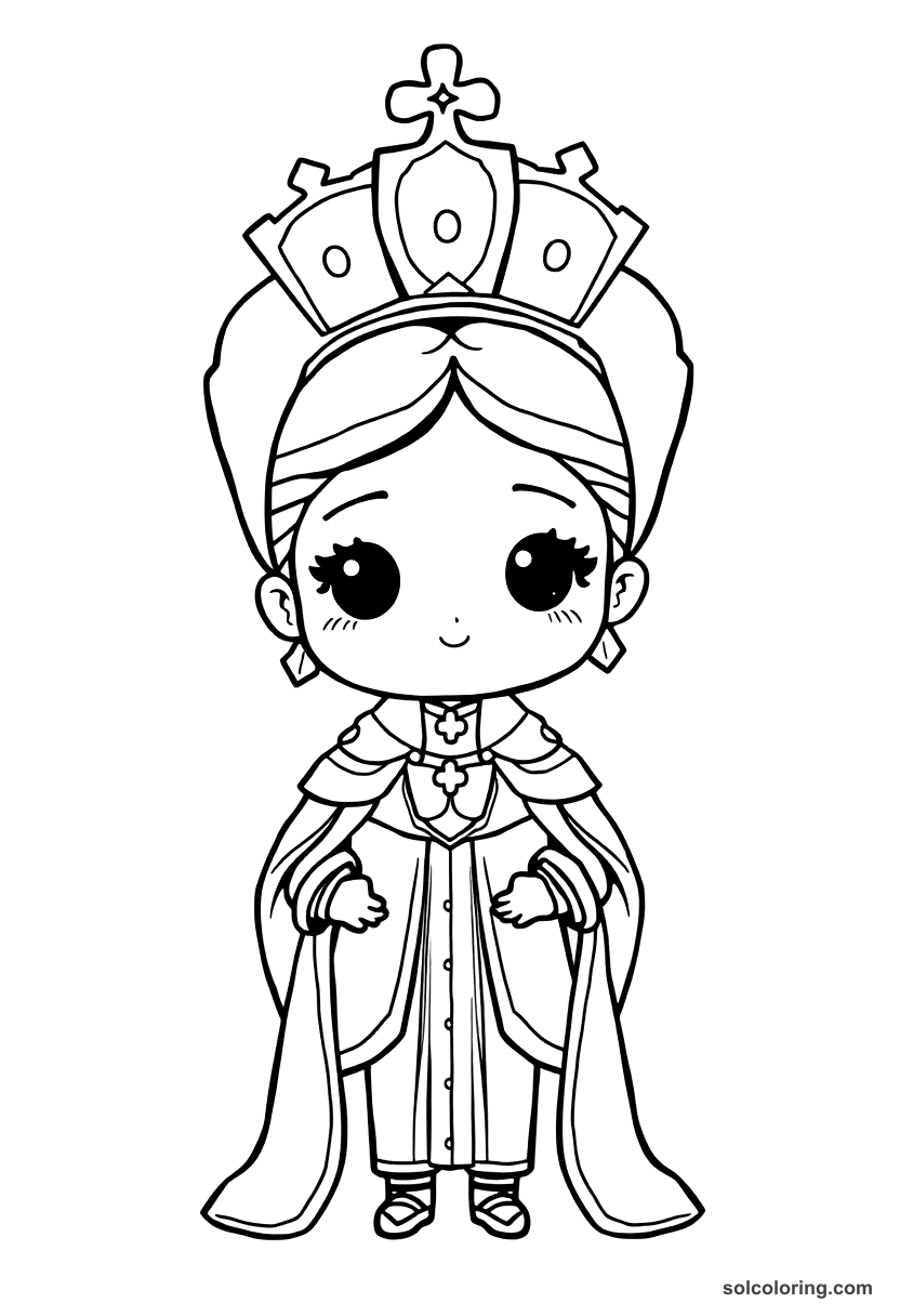 Chibi Queen Isabella I of Castile in Full Regalia coloring page, free printable chibi style for kids and adults