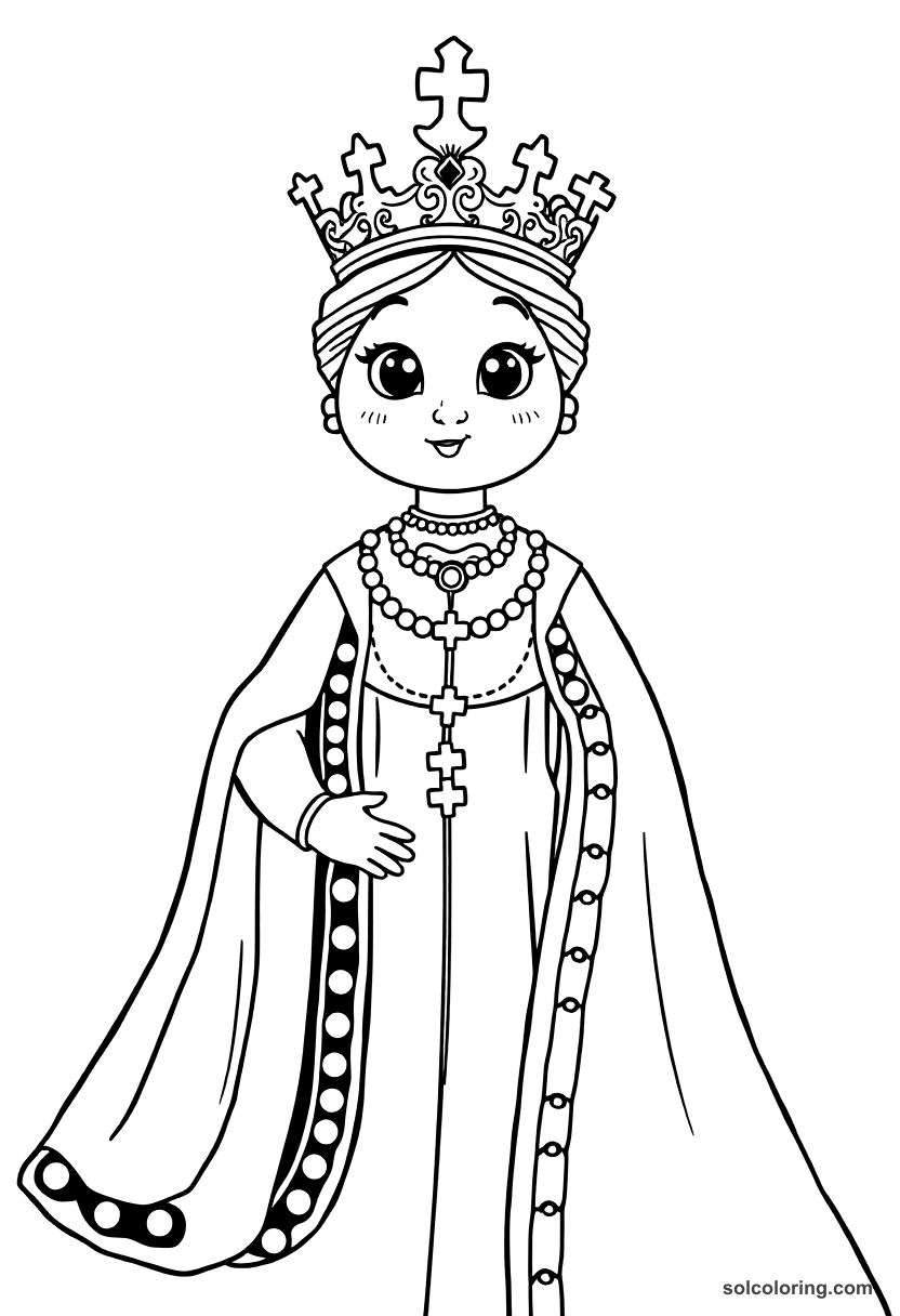 Cute Cartoon Queen Isabella I of Castile in Full Regalia coloring page, free printable cute cartoon style
