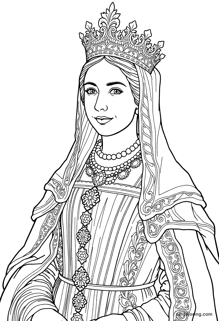 Queen Isabella I of Castile in Full Regalia coloring page, free printable detailed style