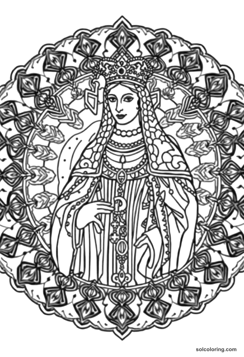 Mandala Queen Isabella I of Castile in Full Regalia coloring page, free printable mandala style