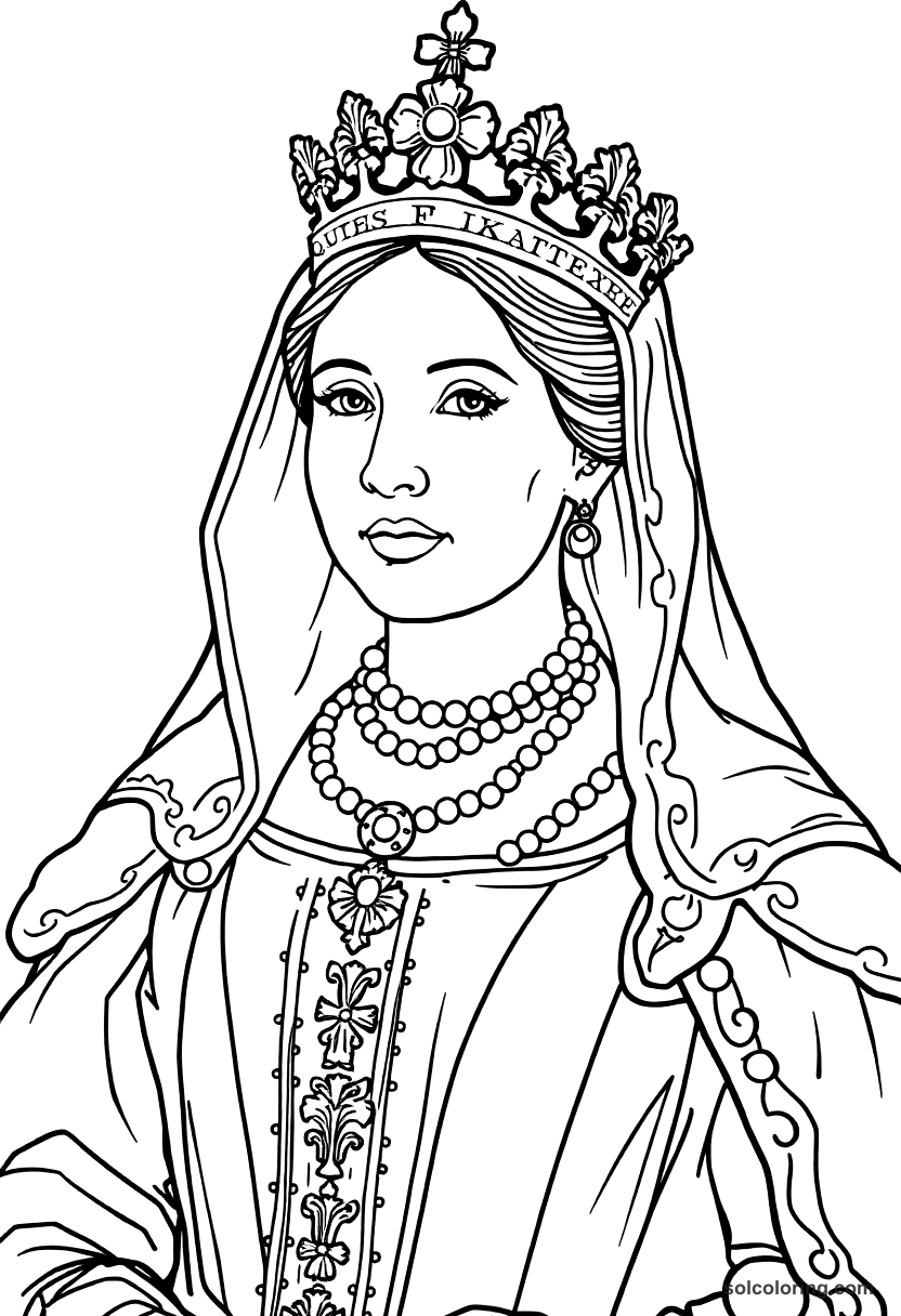 Queen Isabella I of Castile in Full Regalia coloring page, free printable realistic style