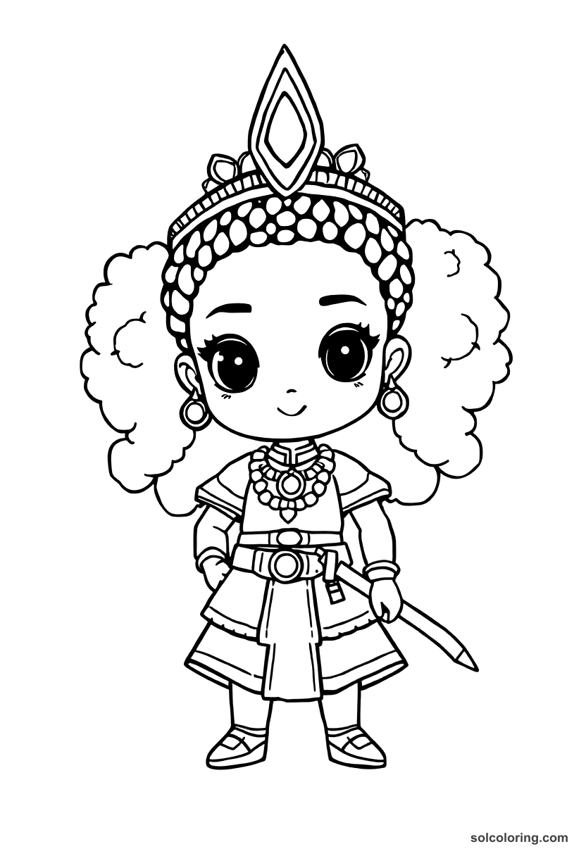 Chibi Queen Nzinga of Ndongo in Battle Dress coloring page, free printable chibi style for kids and adults