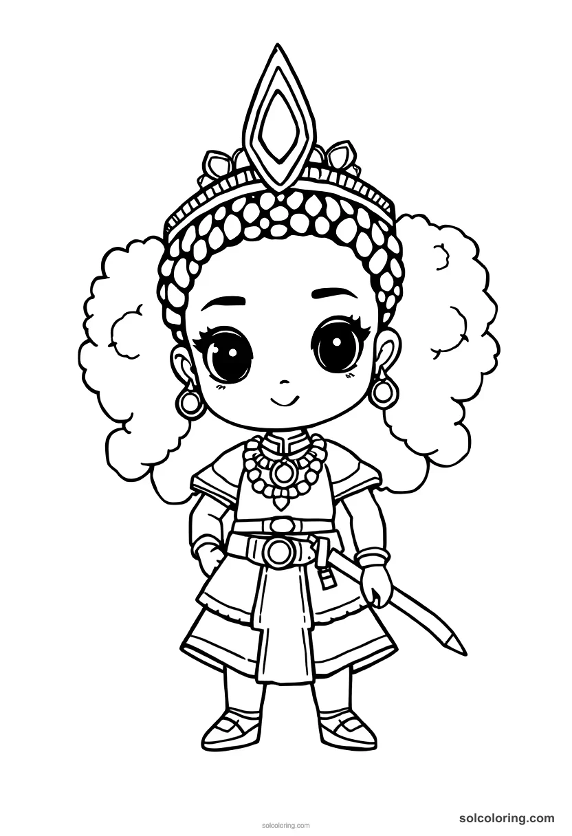 Chibi Queen Nzinga of Ndongo in Battle Dress chibi coloring page for kids