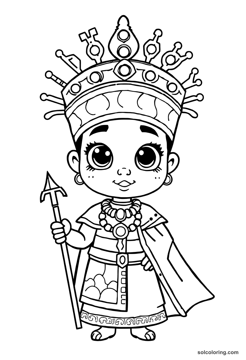 Cute Cartoon Queen Nzinga of Ndongo in Battle Dress coloring page, free printable cute cartoon style