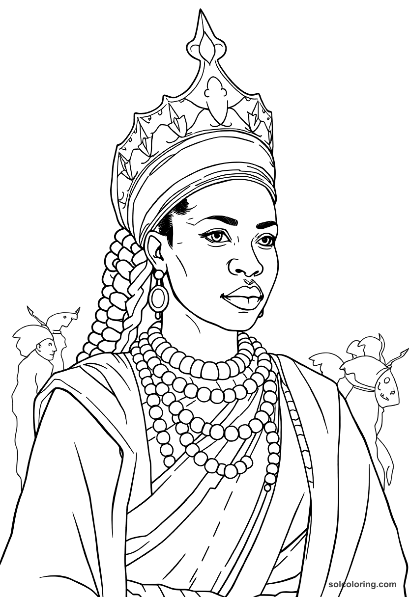 Queen Nzinga of Ndongo in Battle Dress coloring page, free printable detailed style