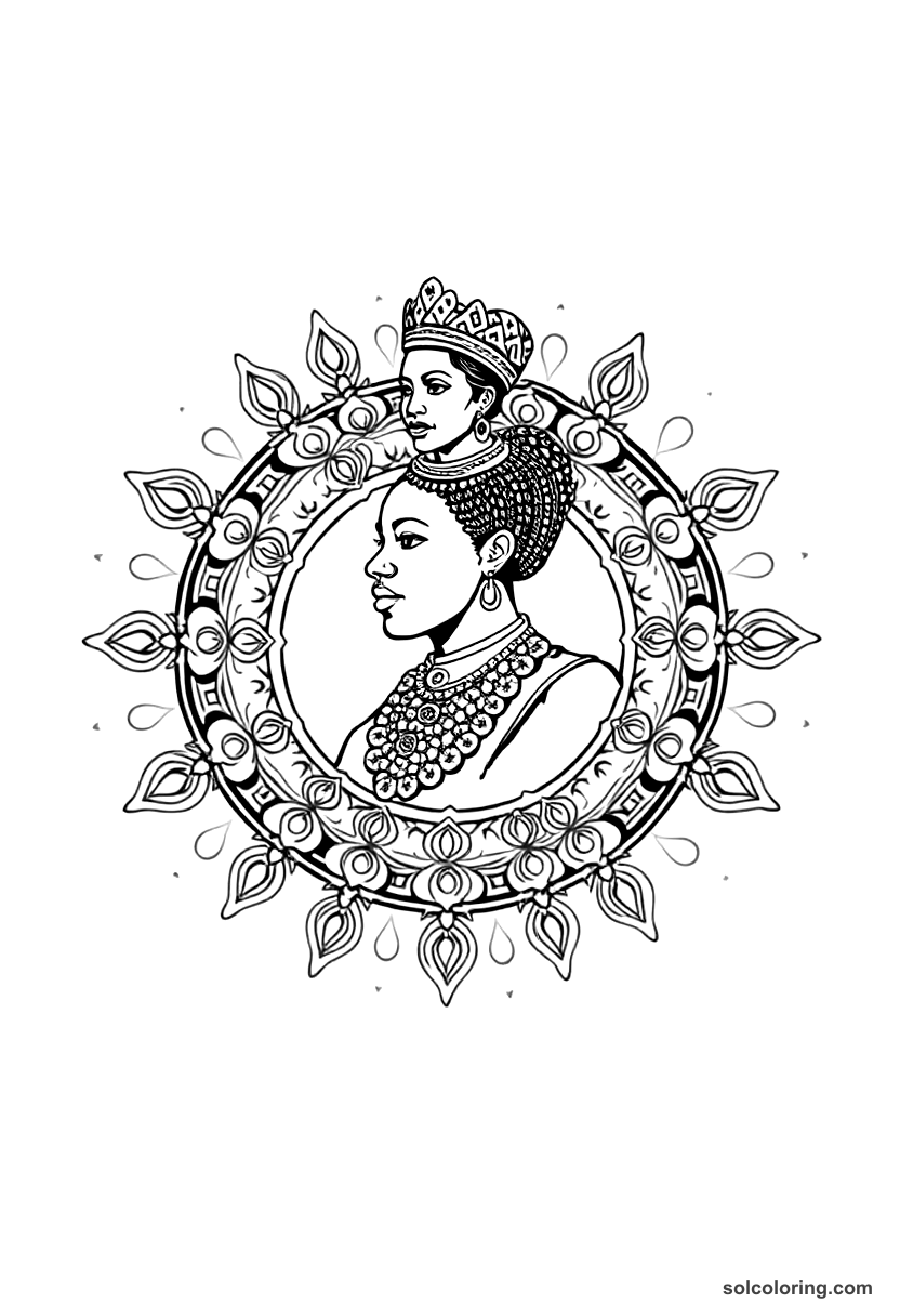 Mandala Queen Nzinga of Ndongo in Battle Dress coloring page, free printable mandala style
