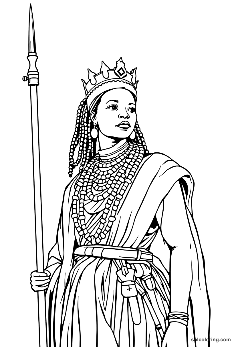 Queen Nzinga of Ndongo in Battle Dress coloring page, free printable realistic style