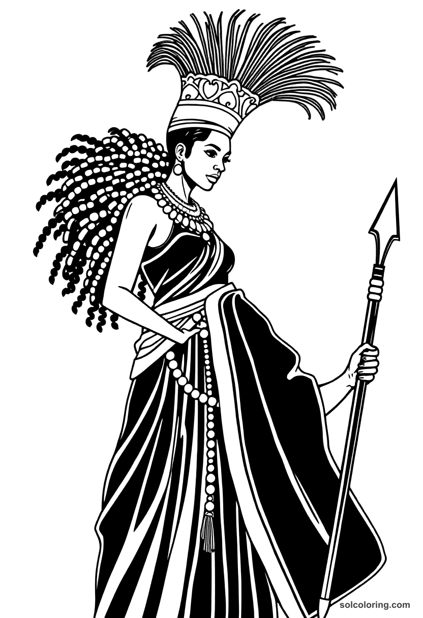 Simple Queen Nzinga of Ndongo in Battle Dress coloring page, free printable simple style