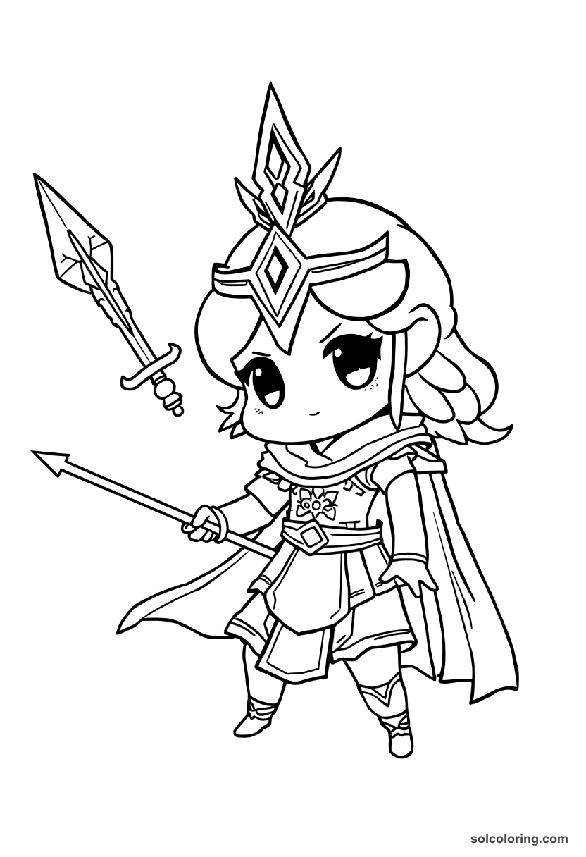Chibi Queen Tomyris Defeating Cyrus coloring page, free printable chibi style