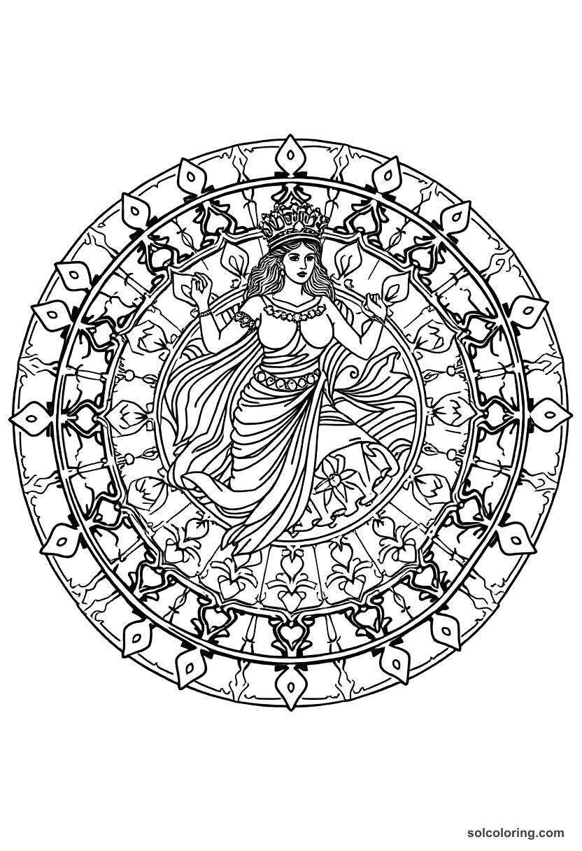 Mandala Queen Tomyris Defeating Cyrus coloring page, free printable mandala style