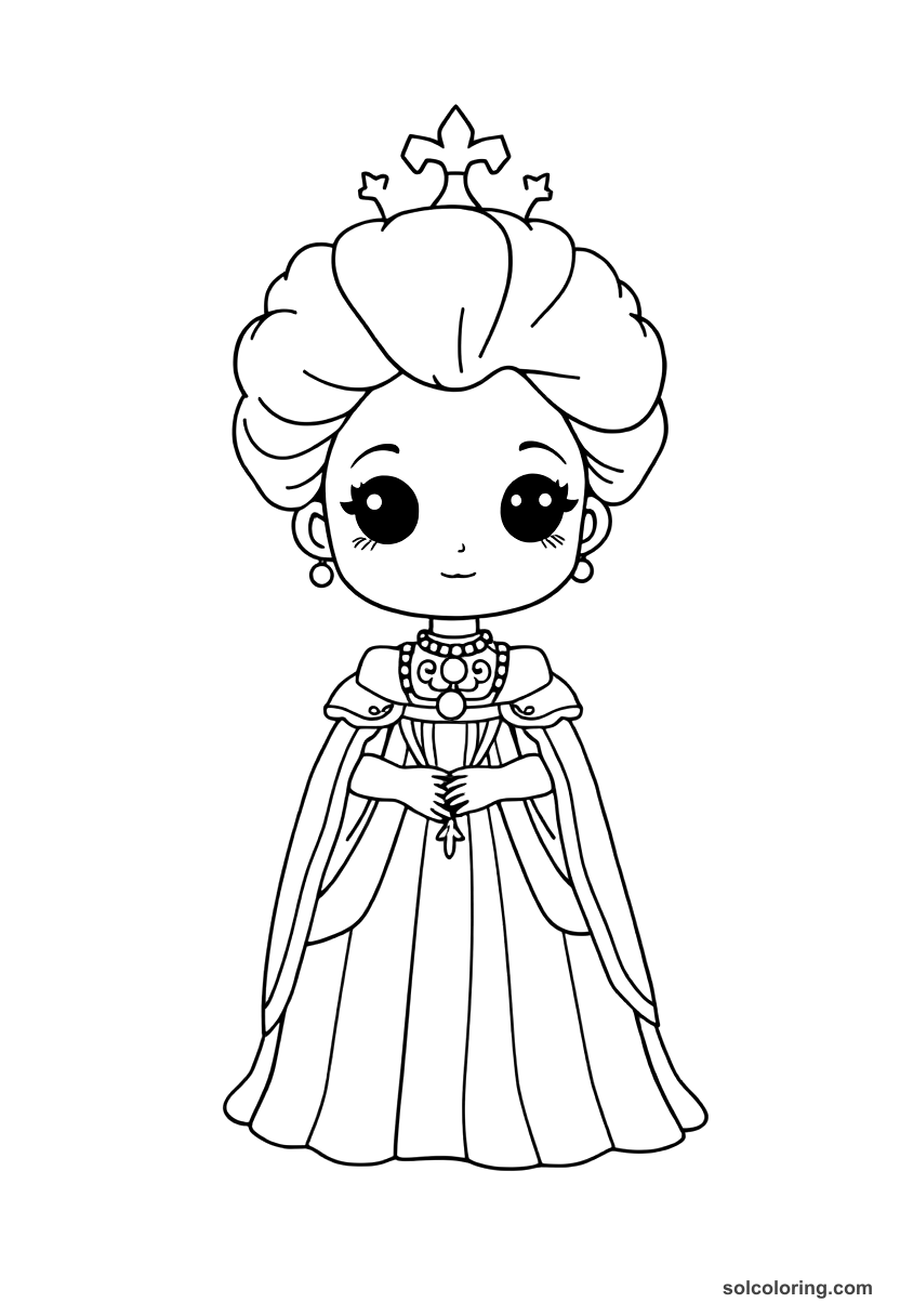 Chibi Queen Victoria in Coronation Regalia coloring page, free printable chibi style