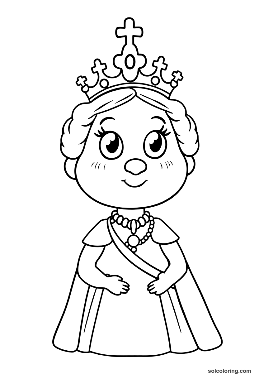 Cute Cartoon Queen Victoria in Coronation Regalia coloring page, free printable cute cartoon style