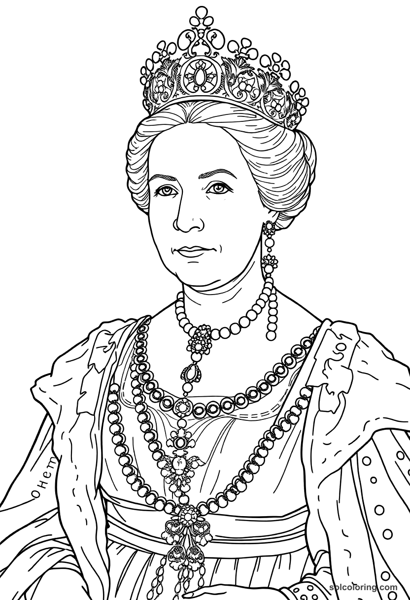 Queen Victoria in Coronation Regalia coloring page, free printable detailed style