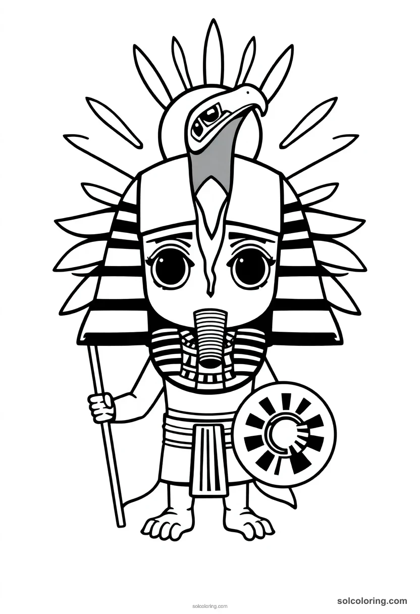 Chibi Ra with Falcon Head and Sun Disk chibi coloring page for kids