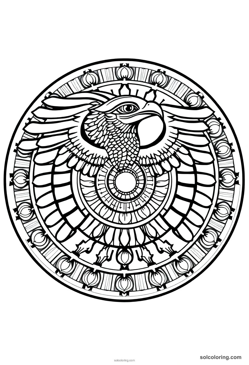 Mandala Ra with Falcon Head and Sun Disk mandala coloring page for kids