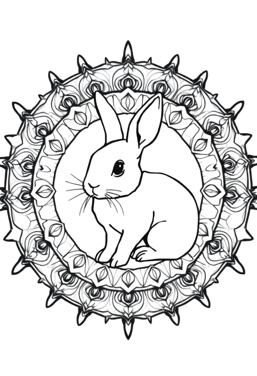 Rabbit in hutch coloring page showing cute bunny inside wooden home with hay and feeding bowls, bold outlines for kids