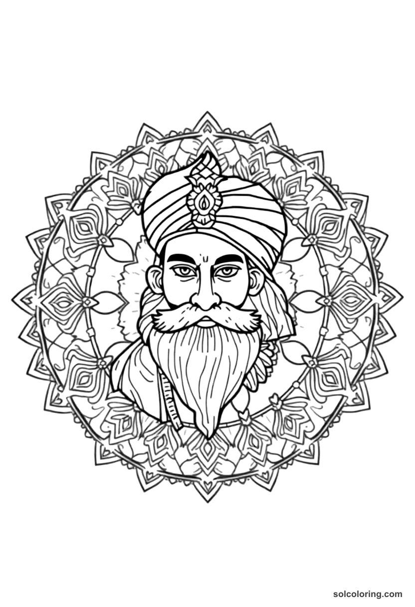 Mandala Ranjit Singh the Lion of Punjab coloring page, free printable mandala style