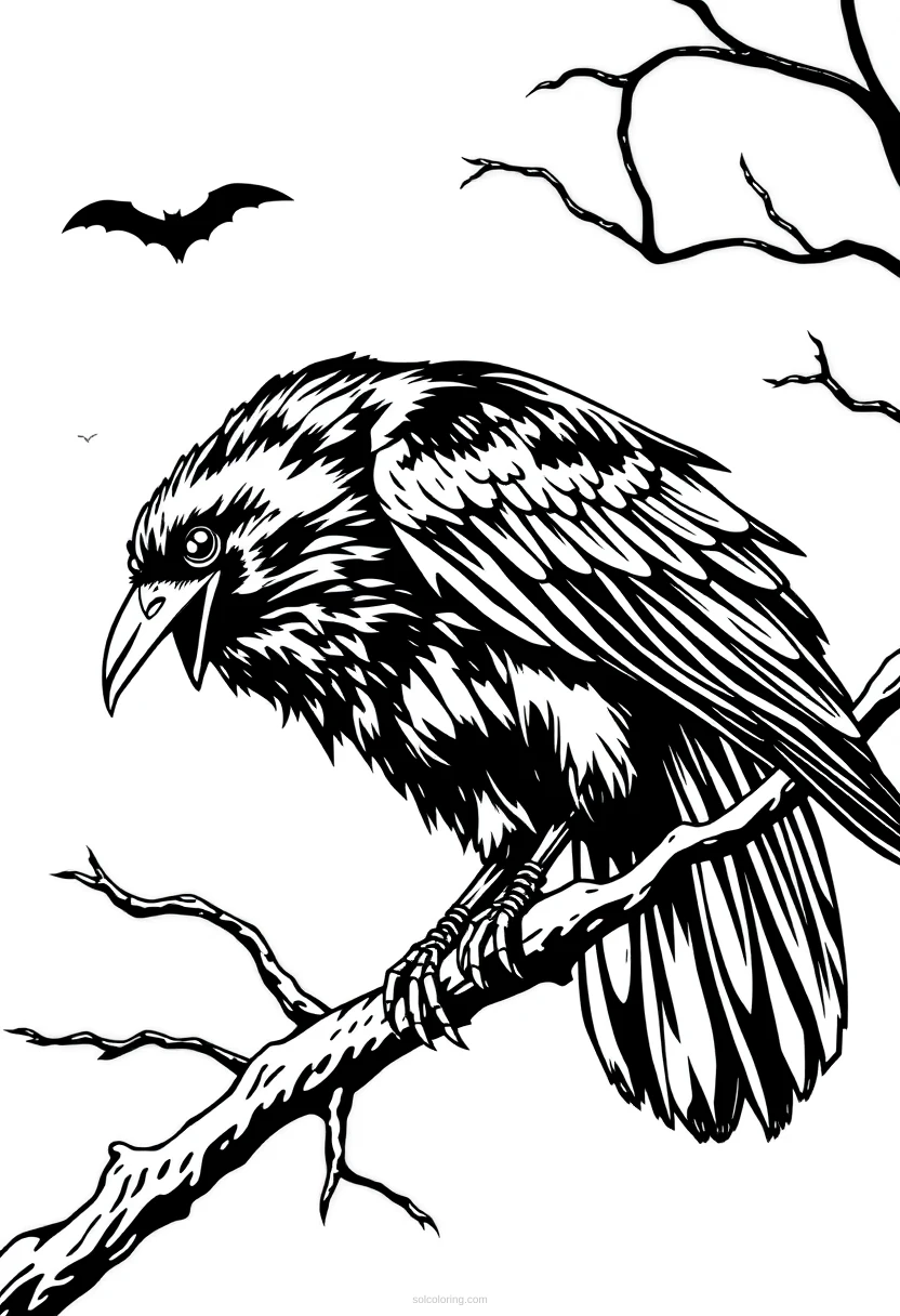 Raven on Branch coloring page for kids