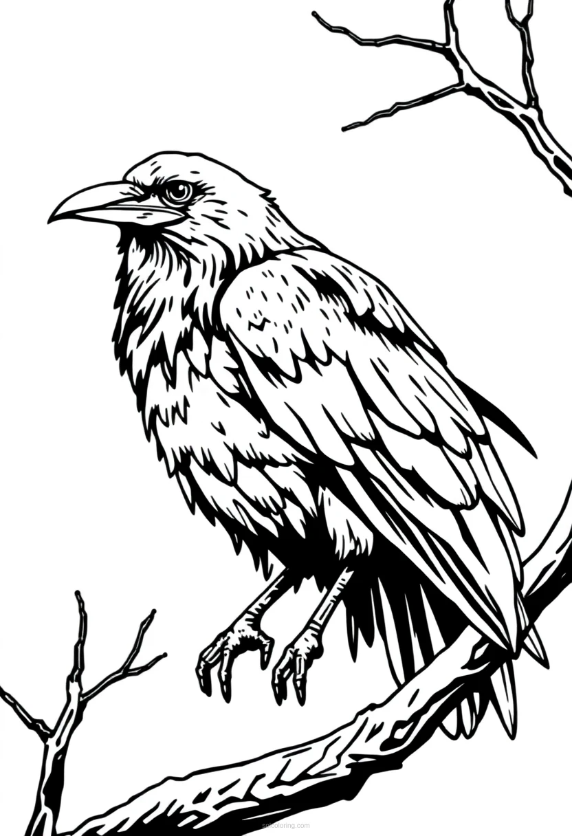 Raven on Branch coloring page for kids