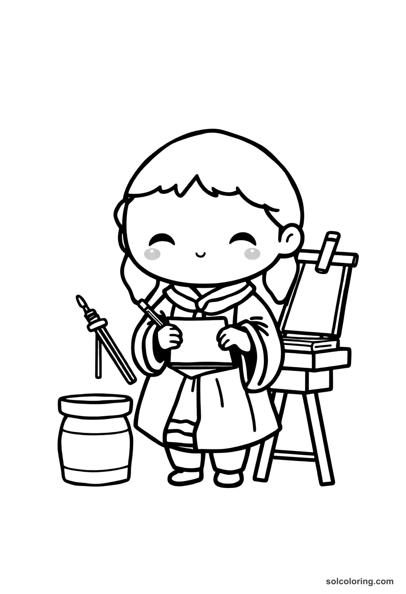 Chibi Renaissance Artist's Studio coloring page, free printable chibi style