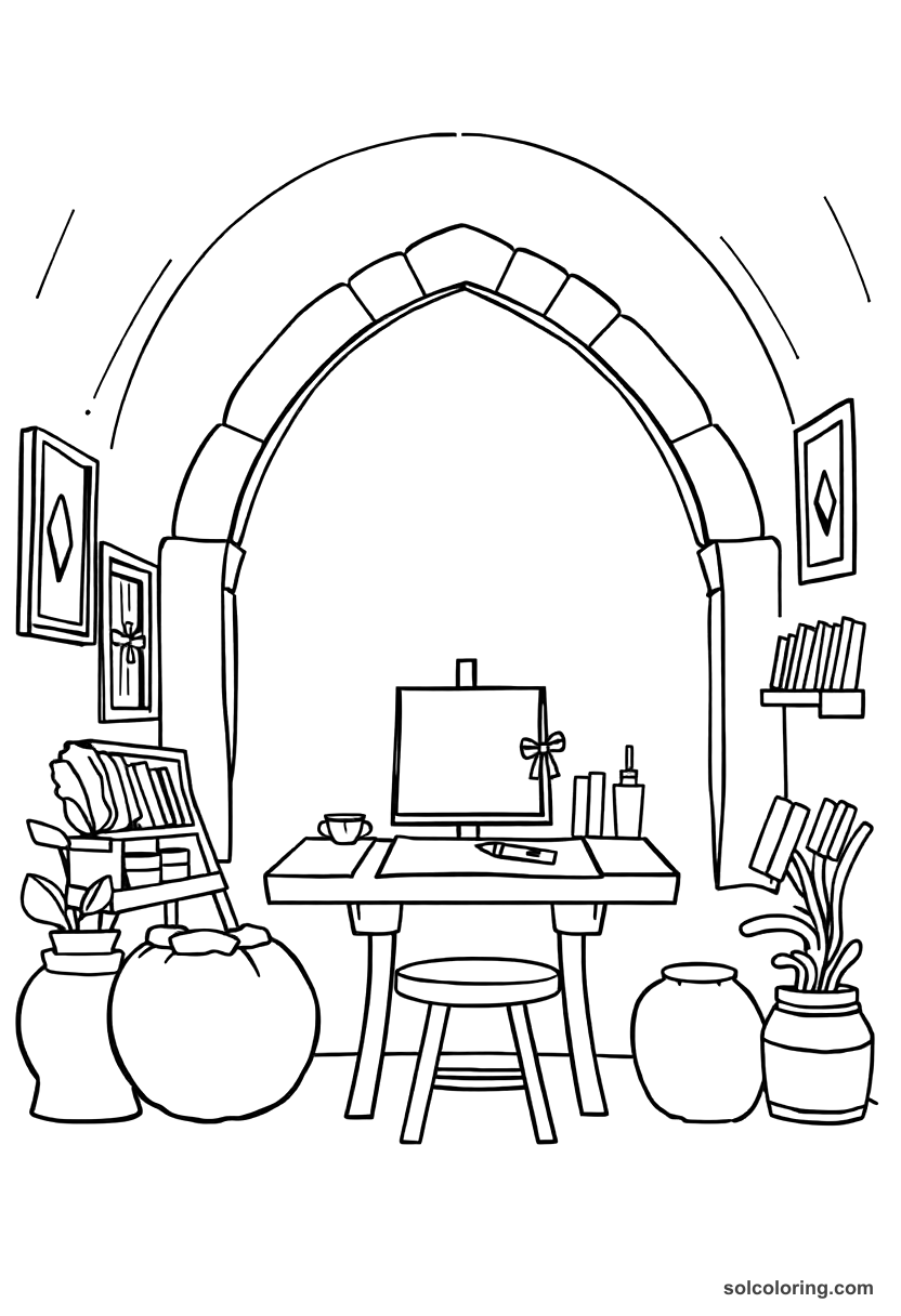 Cute Cartoon Renaissance Artist's Studio coloring page, free printable cute cartoon style