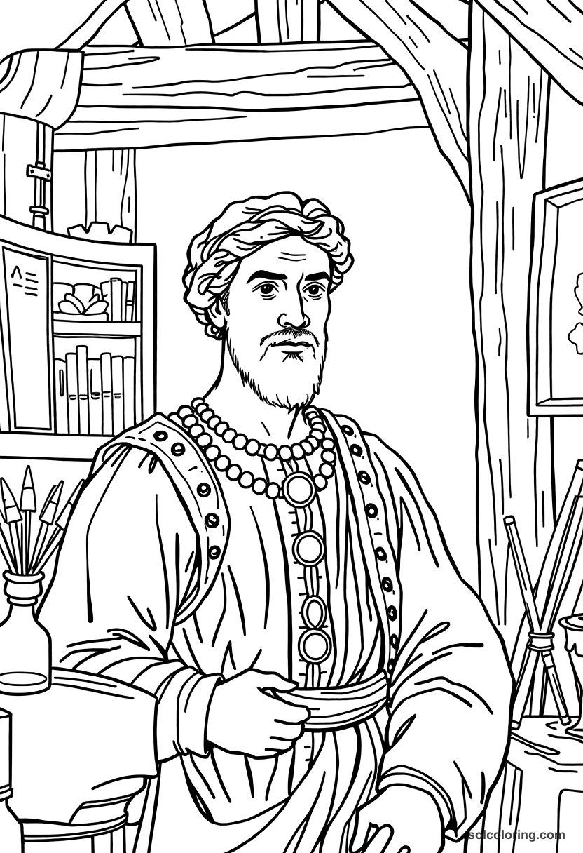 Renaissance Artist's Studio coloring page, free printable detailed style
