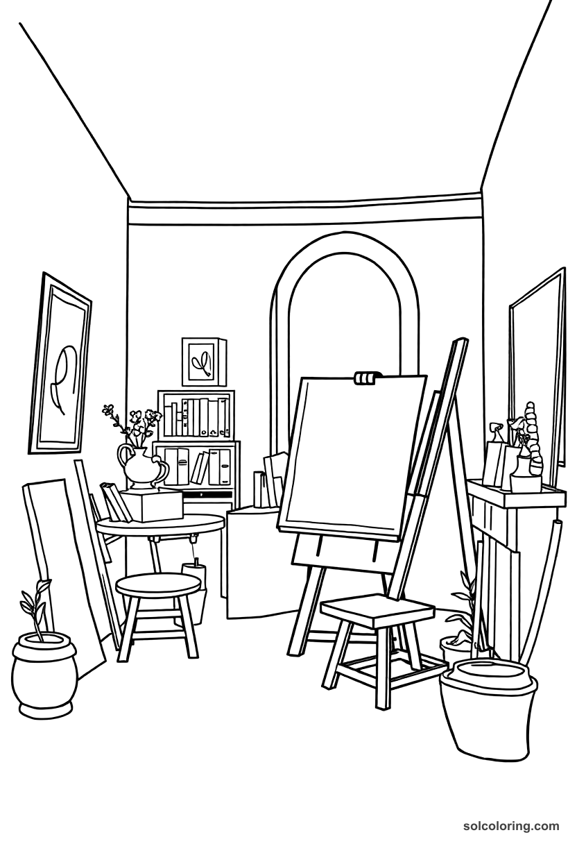 Simple Renaissance Artist's Studio coloring page, free printable simple style