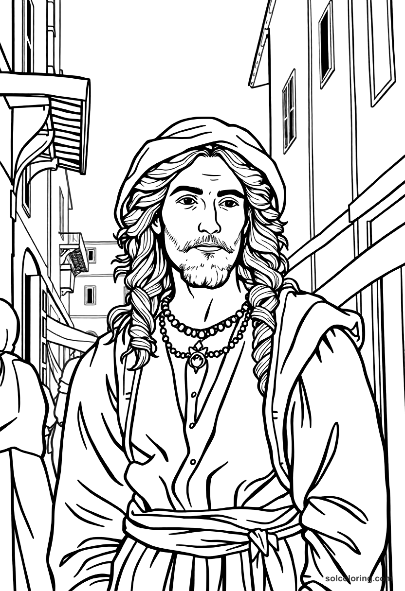 Renaissance Florence street festival coloring page showing merchants, performers and crowds celebrating in historic Italian streets