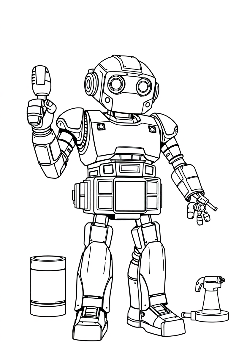 Robot Builder with Tools coloring page, free printable