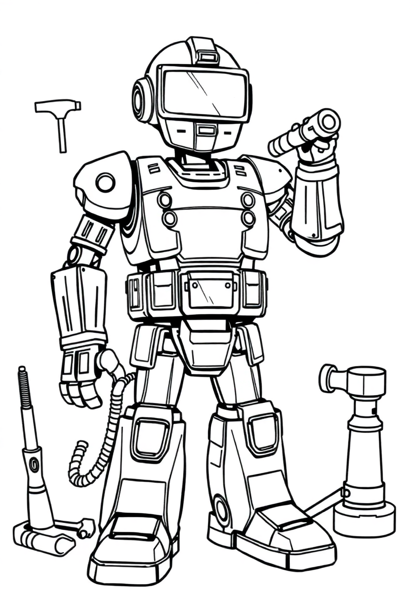 Robot Builder with Tools coloring page, free printable