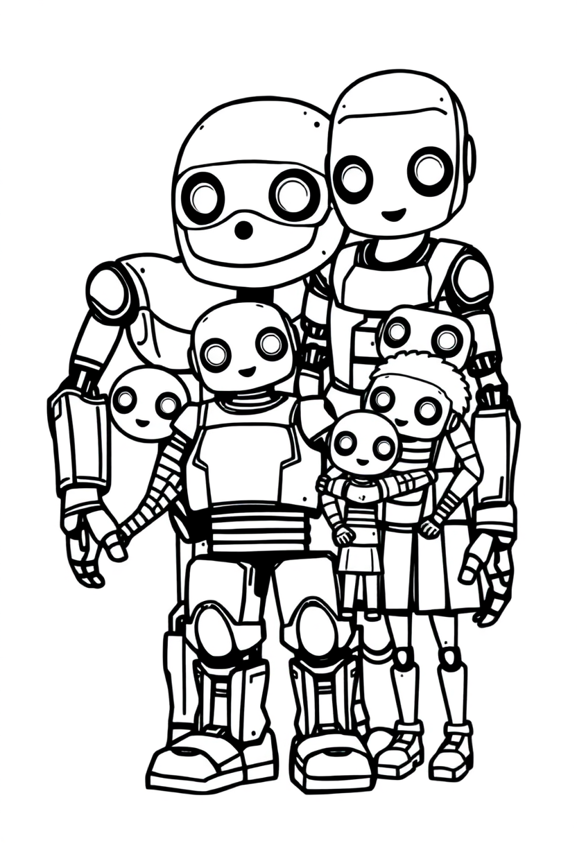 Robot Family Portrait coloring page, free printable