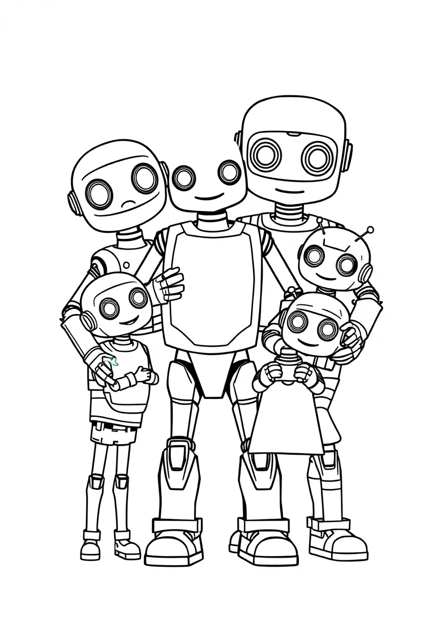 Robot Family Portrait coloring page, free printable