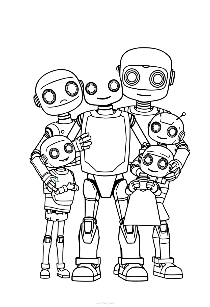 Robot Family Portrait coloring page for kids